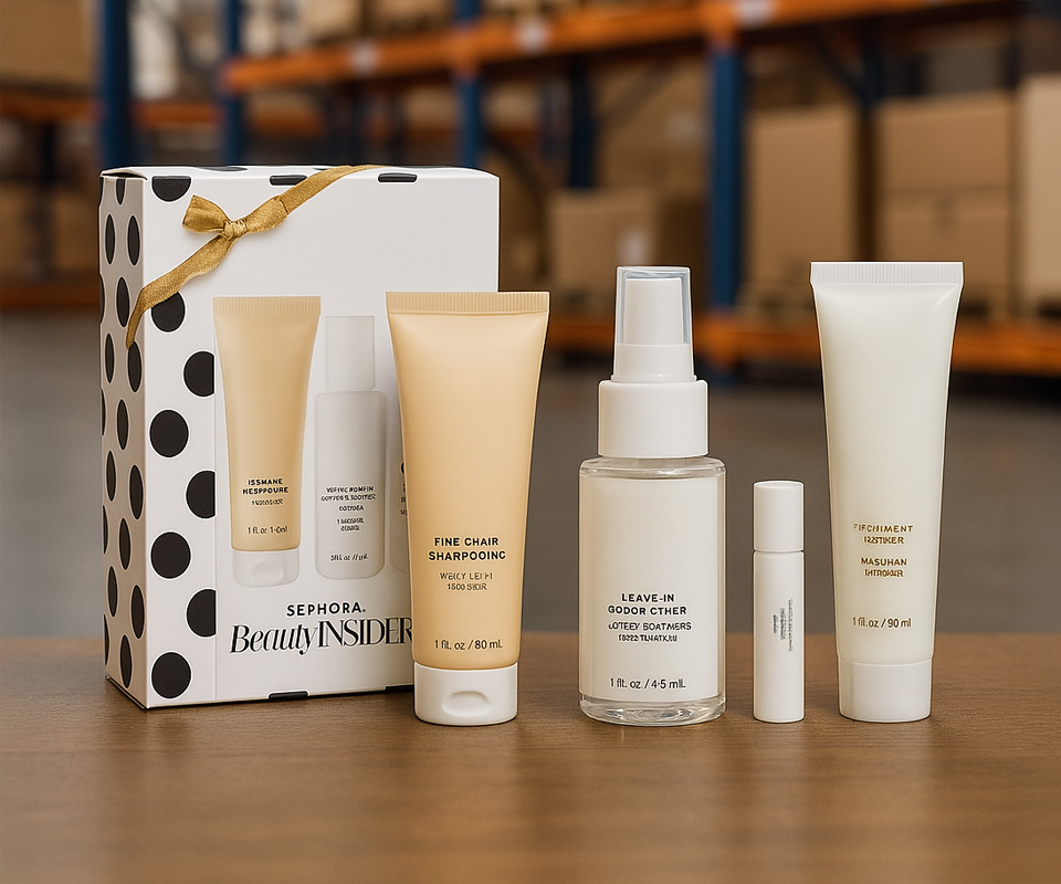 beauty products on a table in warehouse