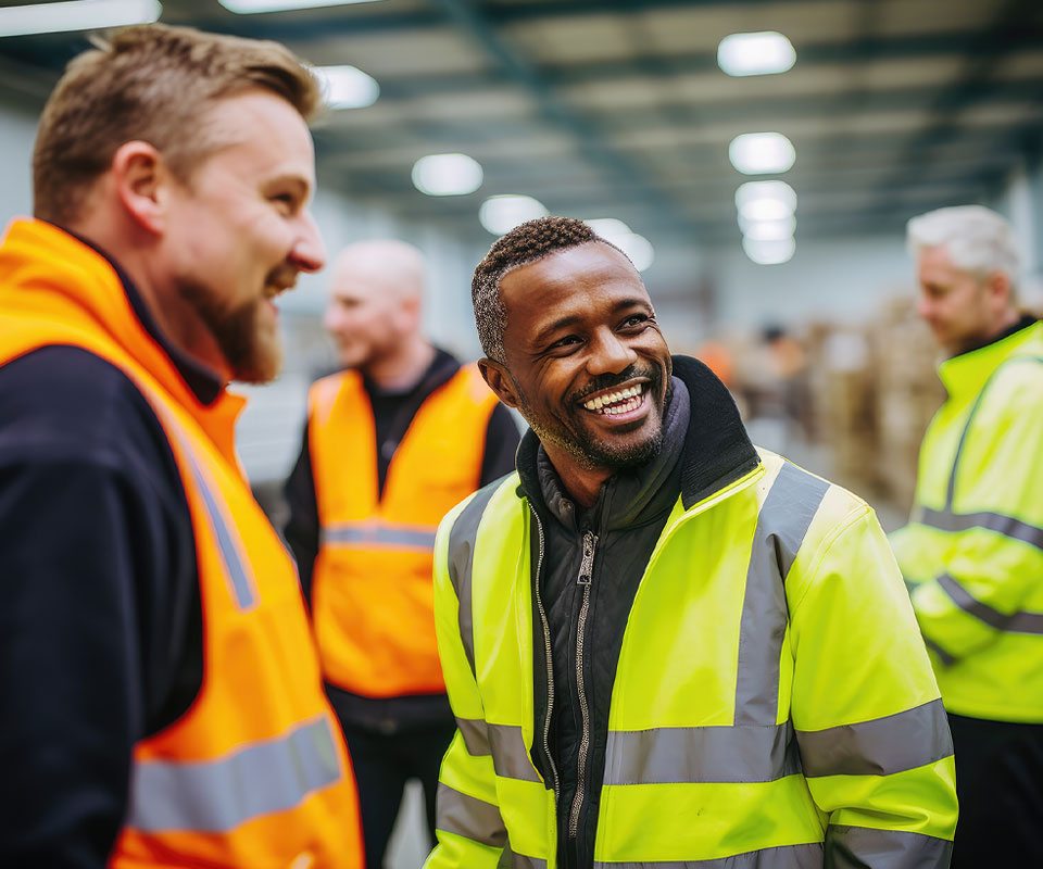 warehouse staff smiling